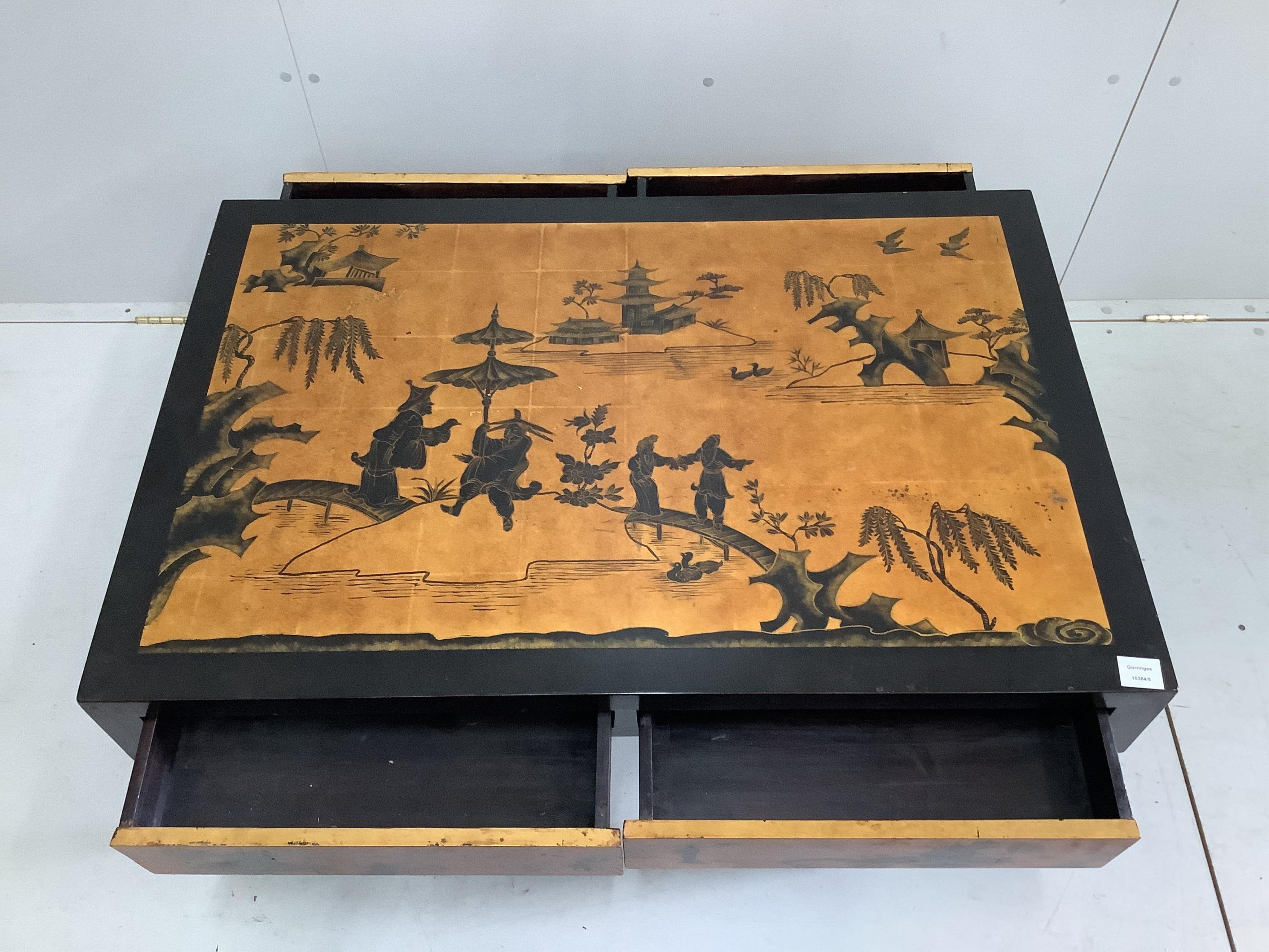 A reproduction rectangular chinoiserie four drawer coffee table, width 107cm, depth 71cm, height 46cm. Condition - fair